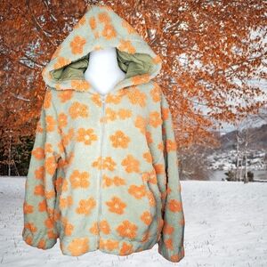 Easel Los Angeles Hooded Sherpa Sage Green & Orange Cozy Flower Jacket